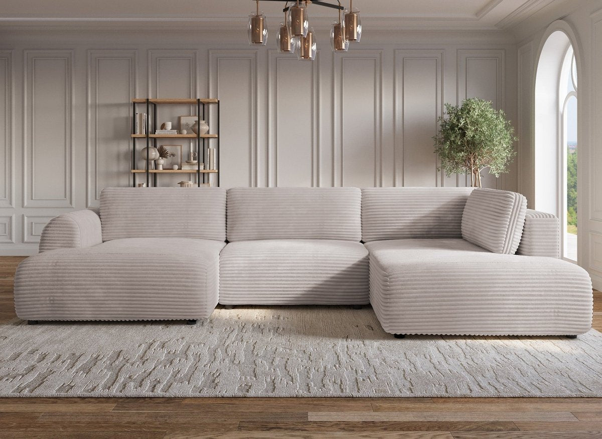 Canapé panoramique convertible avec coffre en velours gros côtelé taupe TILDA - Angle droit - DécoInParis