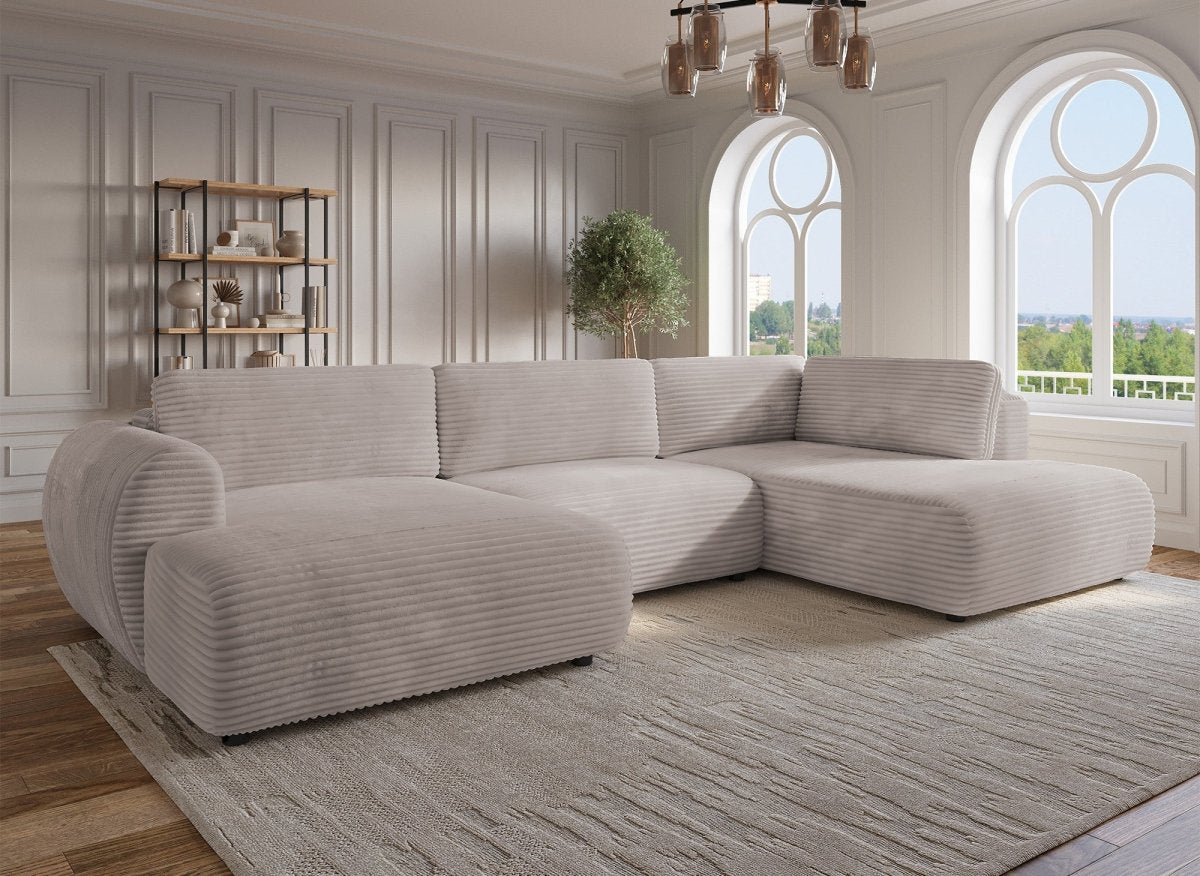 Canapé panoramique convertible avec coffre en velours gros côtelé taupe TILDA - Angle droit - DécoInParis