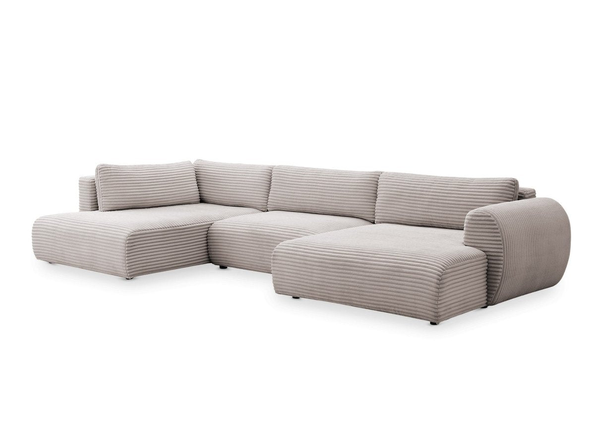 Canapé panoramique convertible avec coffre en velours gros côtelé taupe TILDA - Angle gauche - DécoInParis