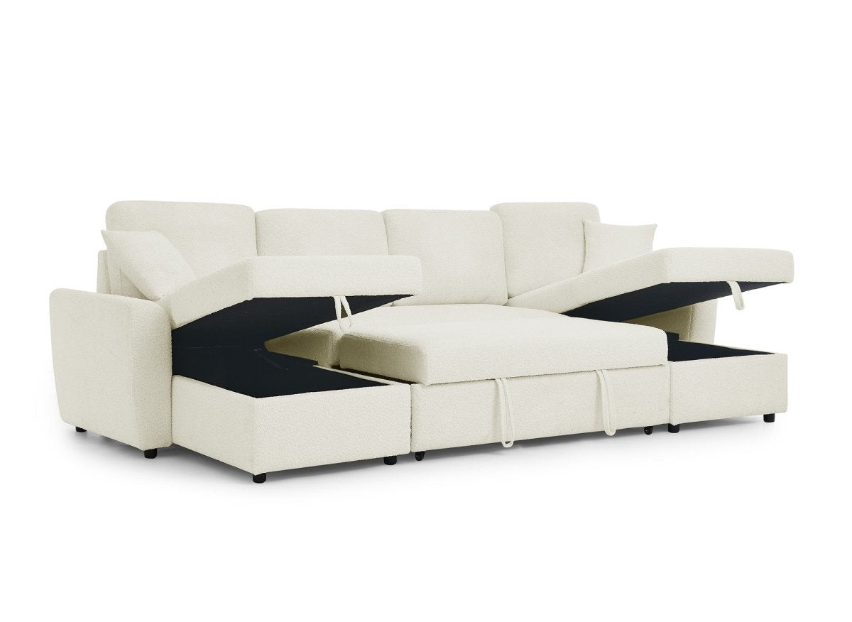 Canapé panoramique convertible avec coffres en tissu bouclette beige ADRYEN - DécoInParis