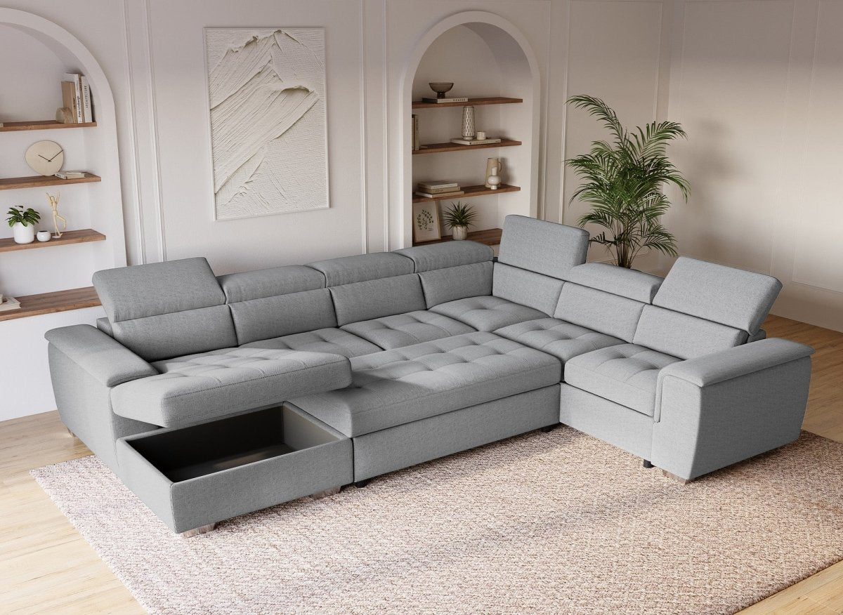 Canapé panoramique convertible coffre de rangement en tissu gris GAELLE - Angle Gauche - DécoInParis