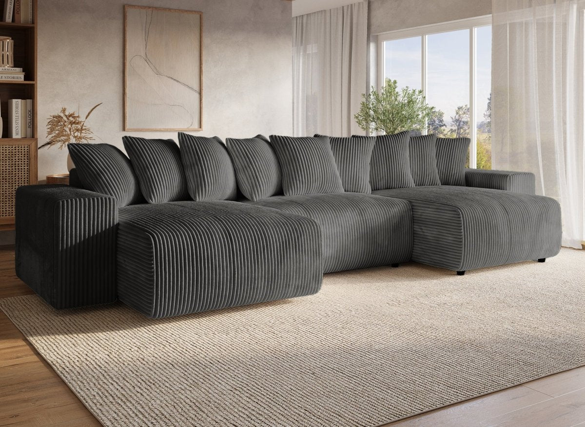 Canapé panoramique réversible convertible avec coffre en velours côtelé épais gris NOELIA - DécoInParis