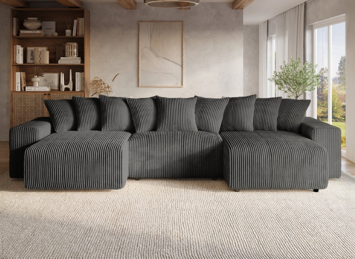 Canapé panoramique réversible convertible avec coffre en velours côtelé épais gris NOELIA - DécoInParis