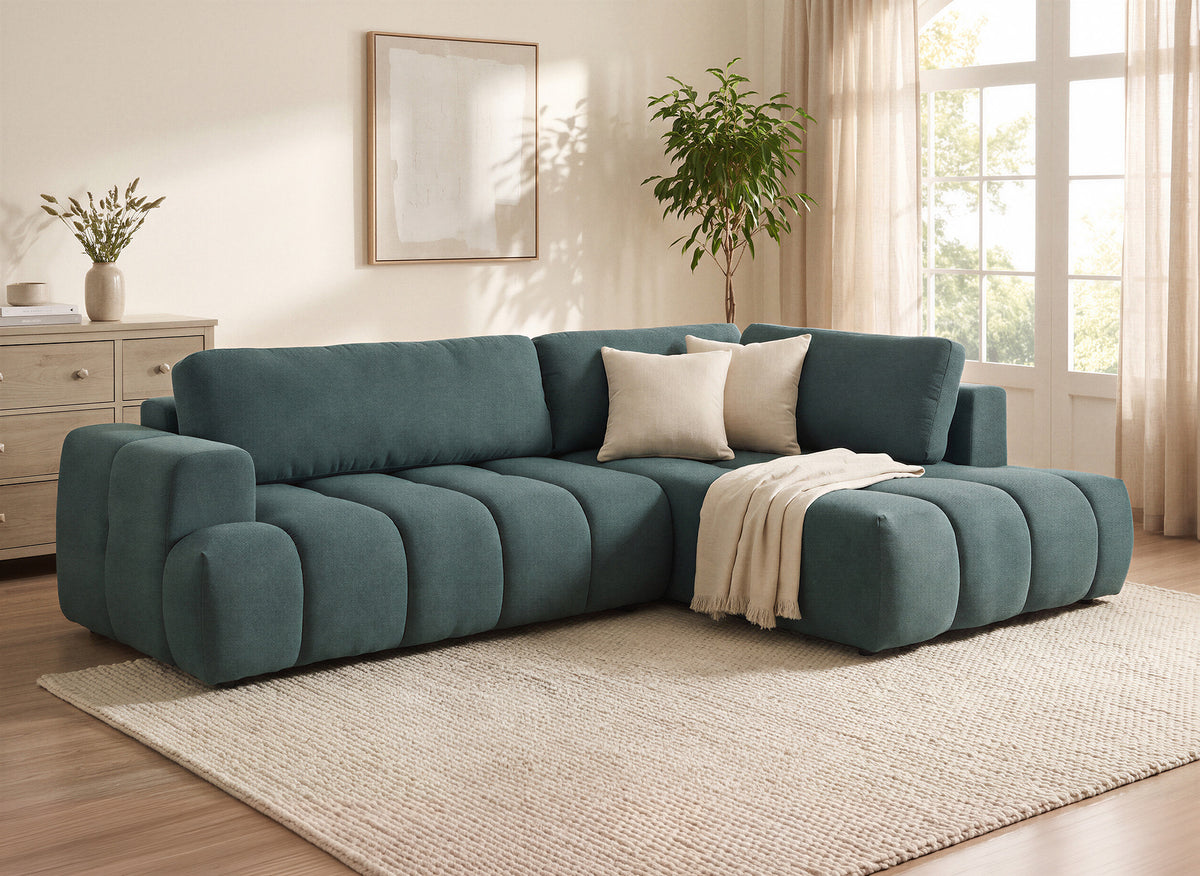 Canapé d'angle convertible avec coffre en tissu vert olive HAVEN - Angle droit