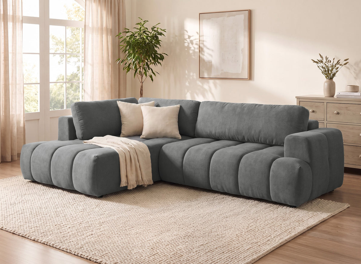 Canapé d'angle convertible avec coffre en tissu gris HAVEN - Angle gauche