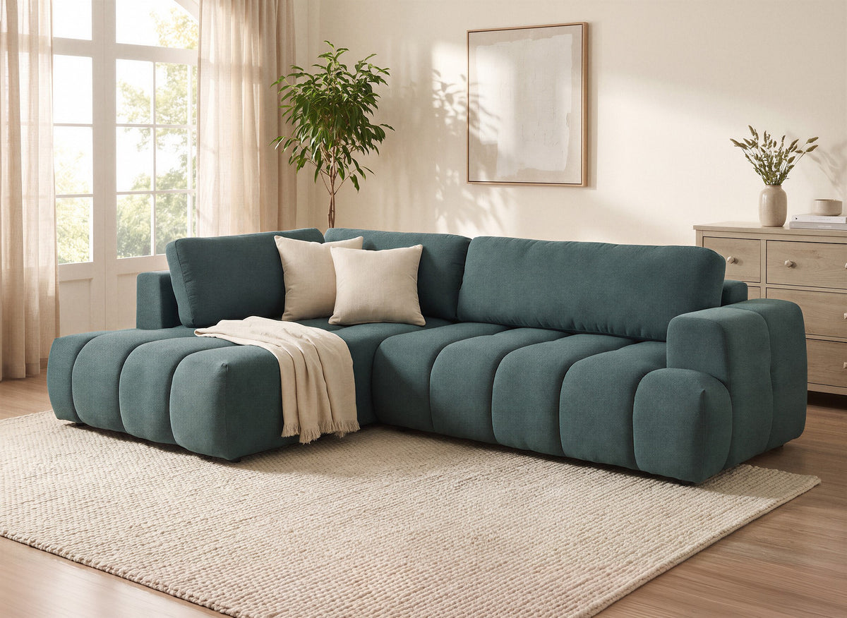 Canapé d'angle convertible avec coffre en tissu vert olive HAVEN - Angle gauche