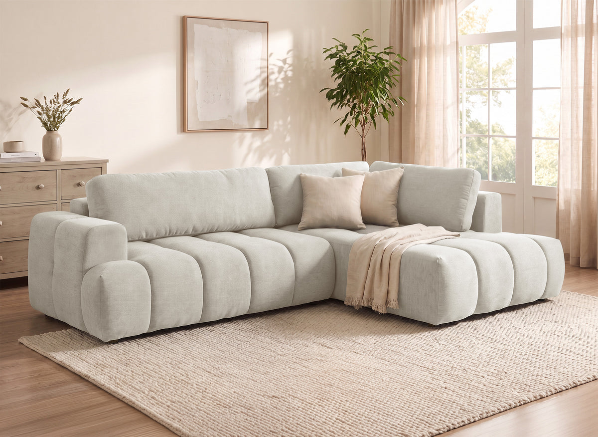 Canapé d'angle convertible avec coffre en tissu beige HAVEN - Angle droit