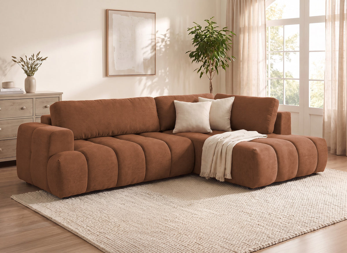 Canapé d'angle convertible avec coffre en tissu terracotta HAVEN - Angle droit