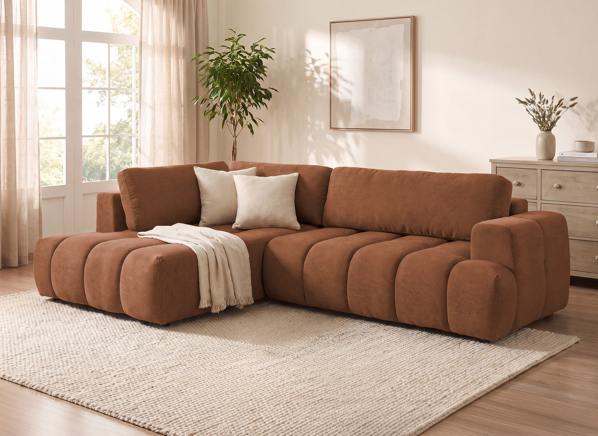 Canapé d'angle convertible avec coffre en tissu terracotta HAVEN - Angle gauche