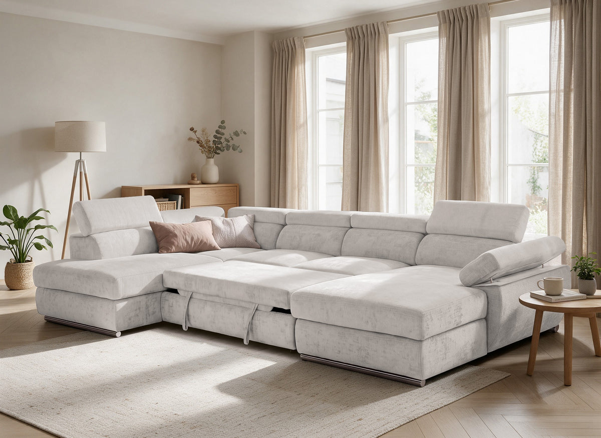 Canapé panoramique convertible avec coffre en velours chiné beige MARIANO- Angle droit