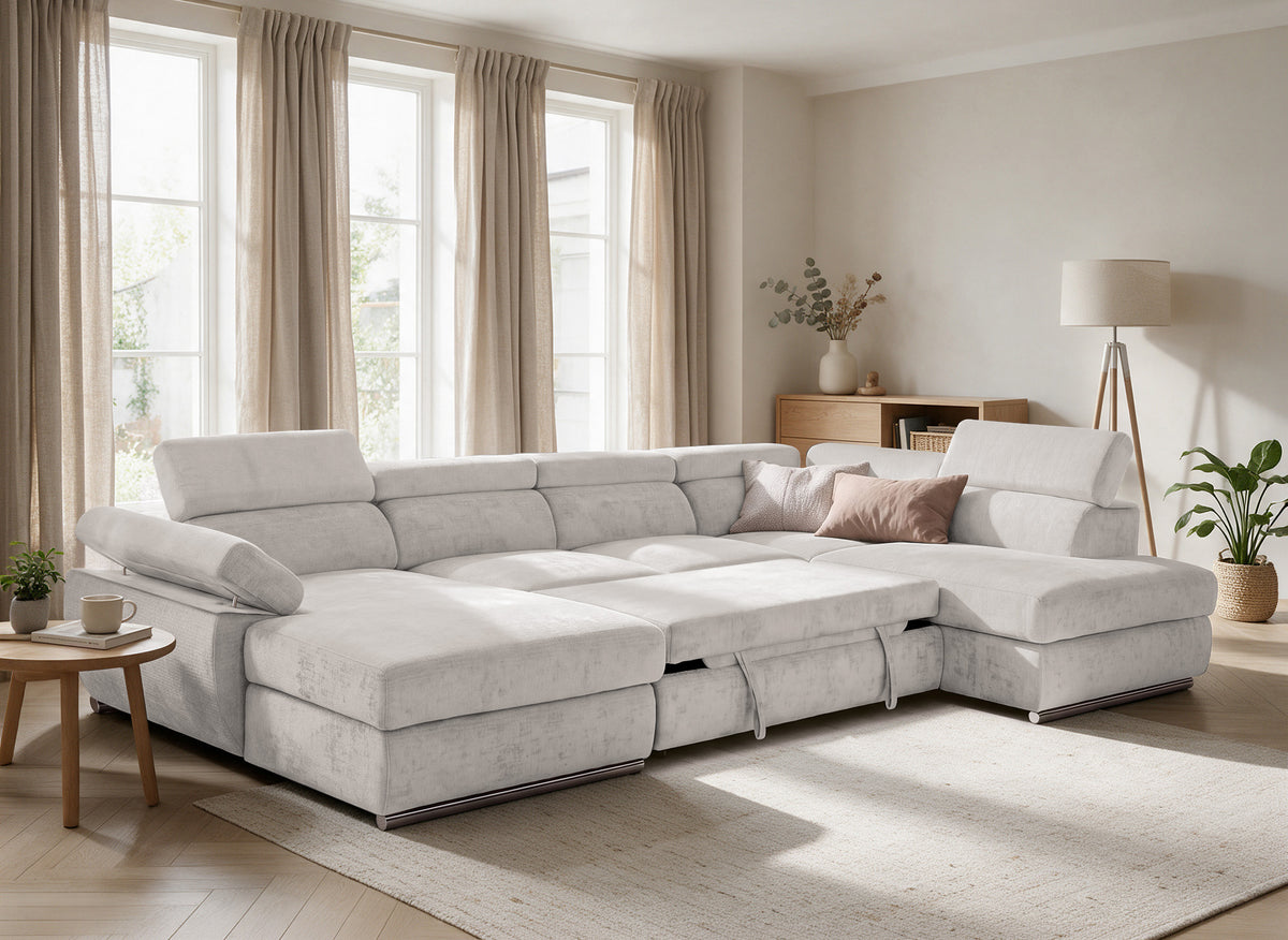 Canapé panoramique convertible avec coffre en velours chiné beige MARIANO- Angle gauche