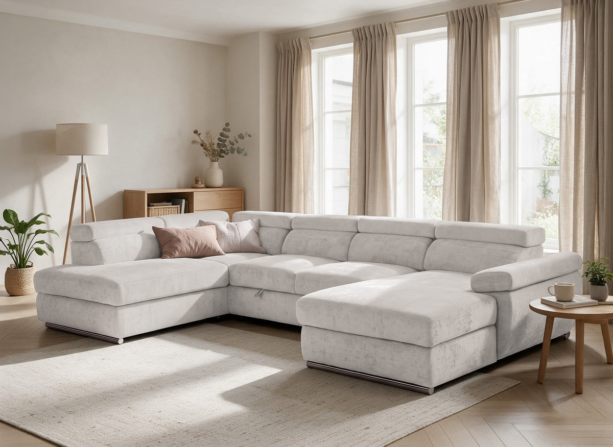 Canapé panoramique convertible avec coffre en velours chiné beige MARIANO- Angle droit