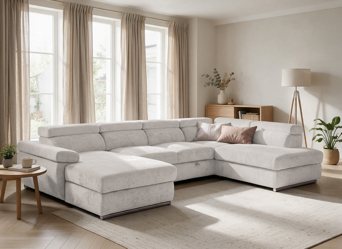Canapé panoramique convertible avec coffre en velours chiné beige MARIANO- Angle gauche