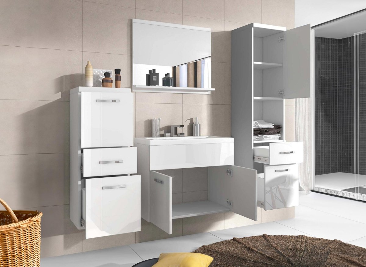 Ensemble meubles salle de bain design suspendu - Blanc laqué SHELBY - DécoInParis
