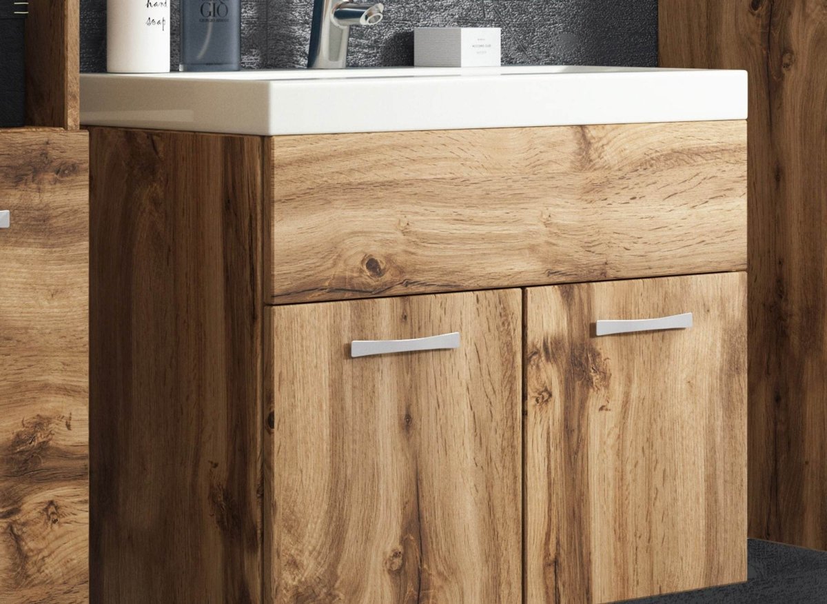 Ensemble meubles salle de bain suspendu XL - Bois effet vieilli HARMONY - DécoInParis