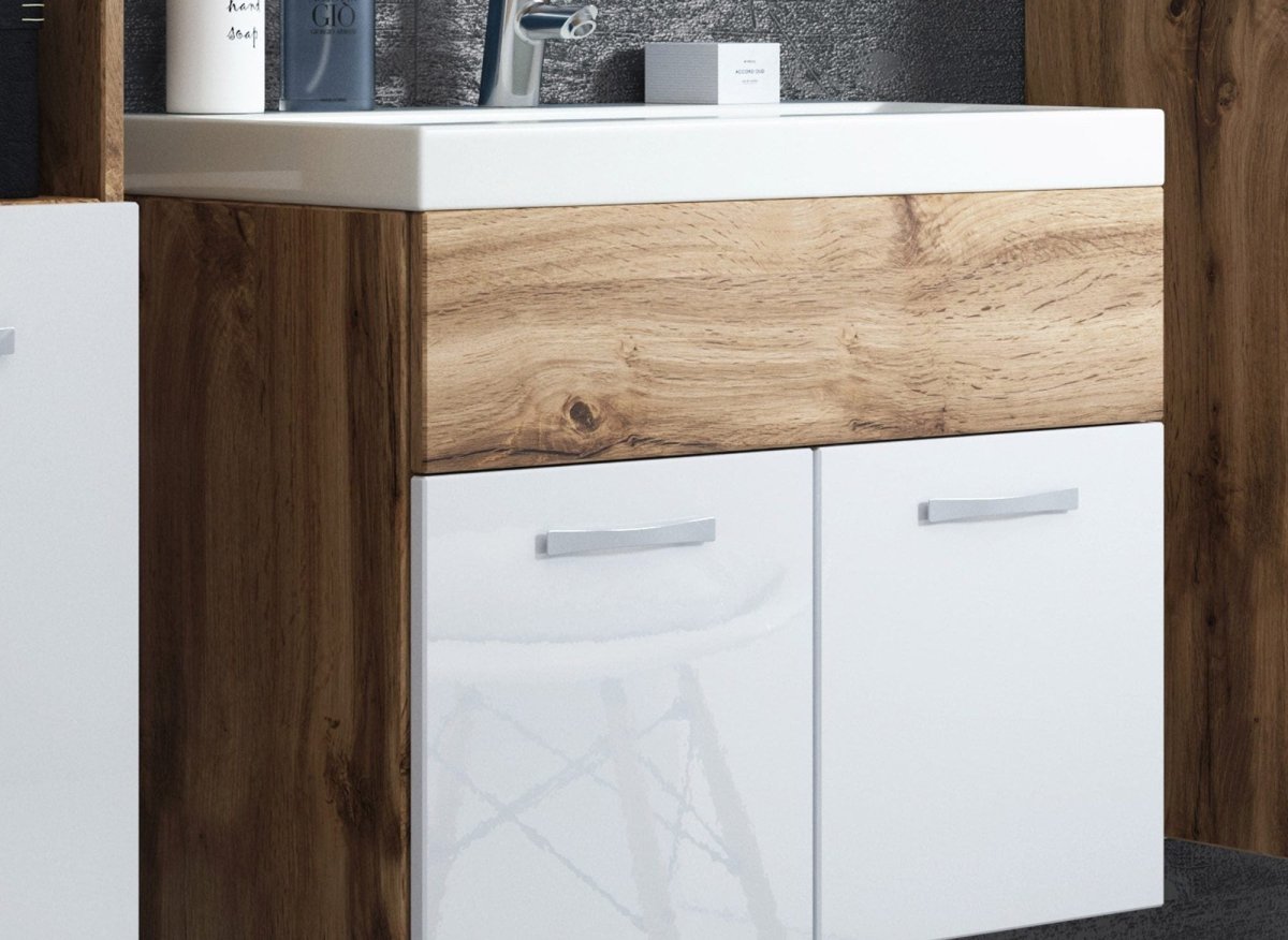 Ensemble meubles salle de bain suspendu XL - Bois et blanc HARMONY - DécoInParis