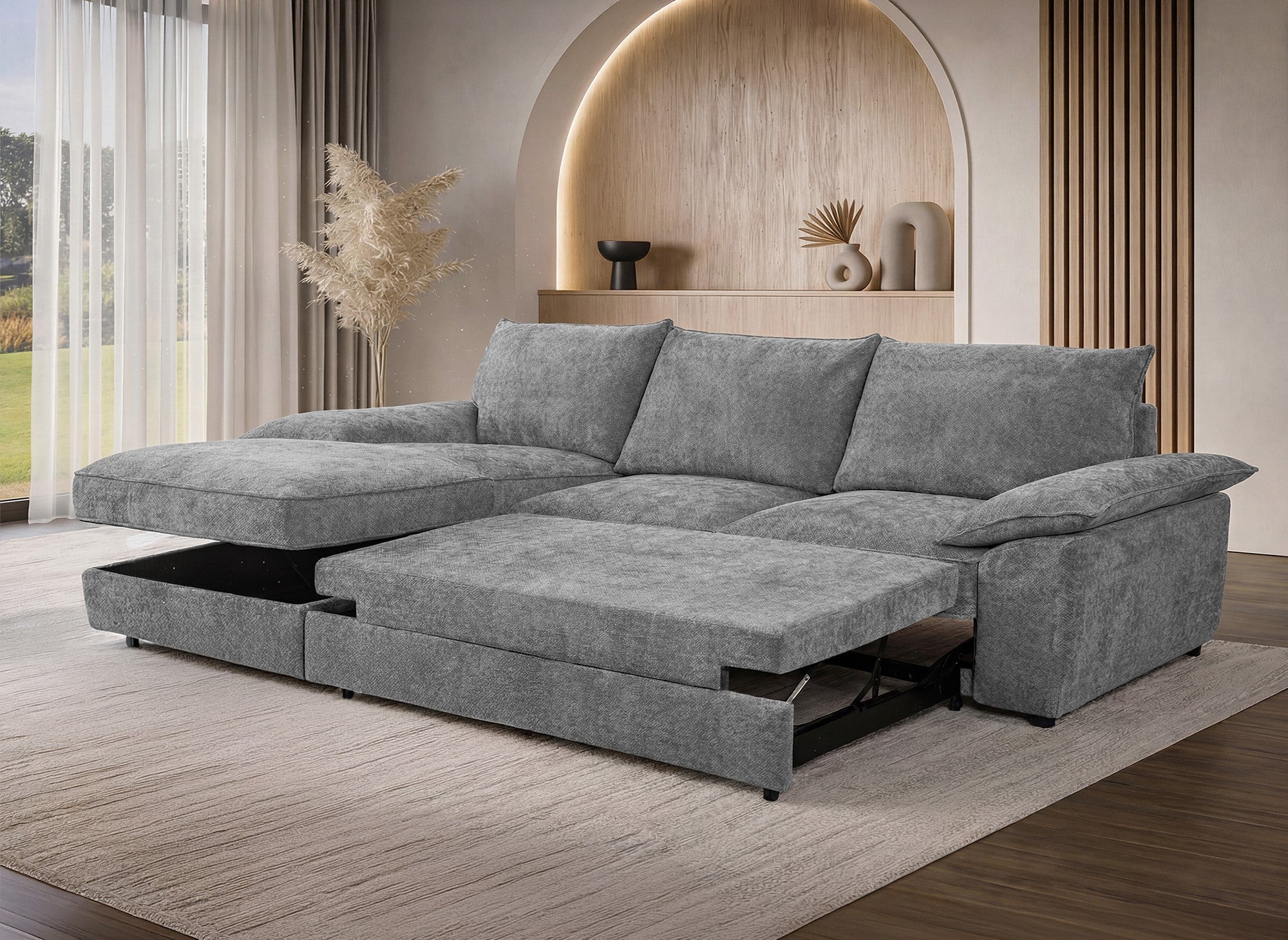 Canapé d'angle convertible avec coffre de rangement en velours chiné gris GABIN - Angle gauche