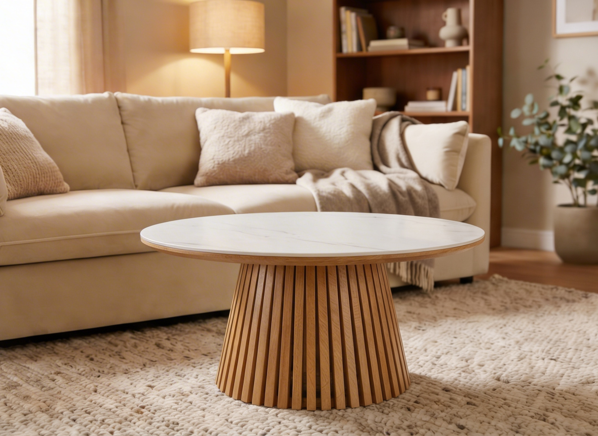 Table basse ronde en bois clair plateau en céramique blanc HEKA