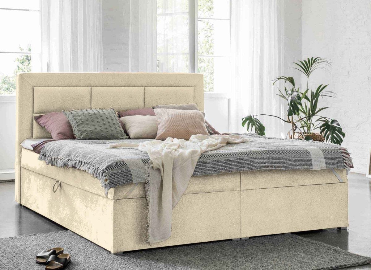 Lit boxspring 140x200 avec coffre de rangement en velours beige DAKOTA - DécoInParis