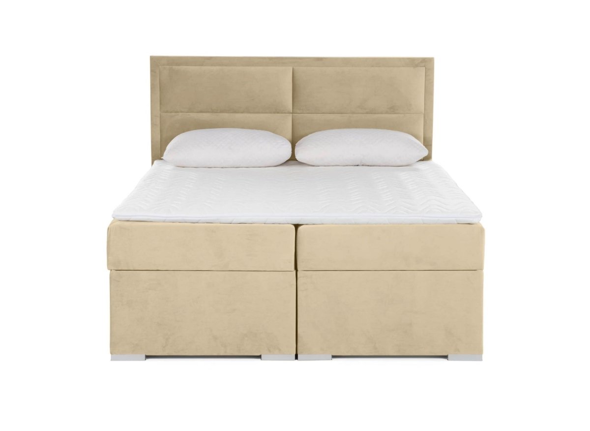 Lit boxspring 160x200 avec coffre de rangement en velours beige AMELIA - DécoInParis