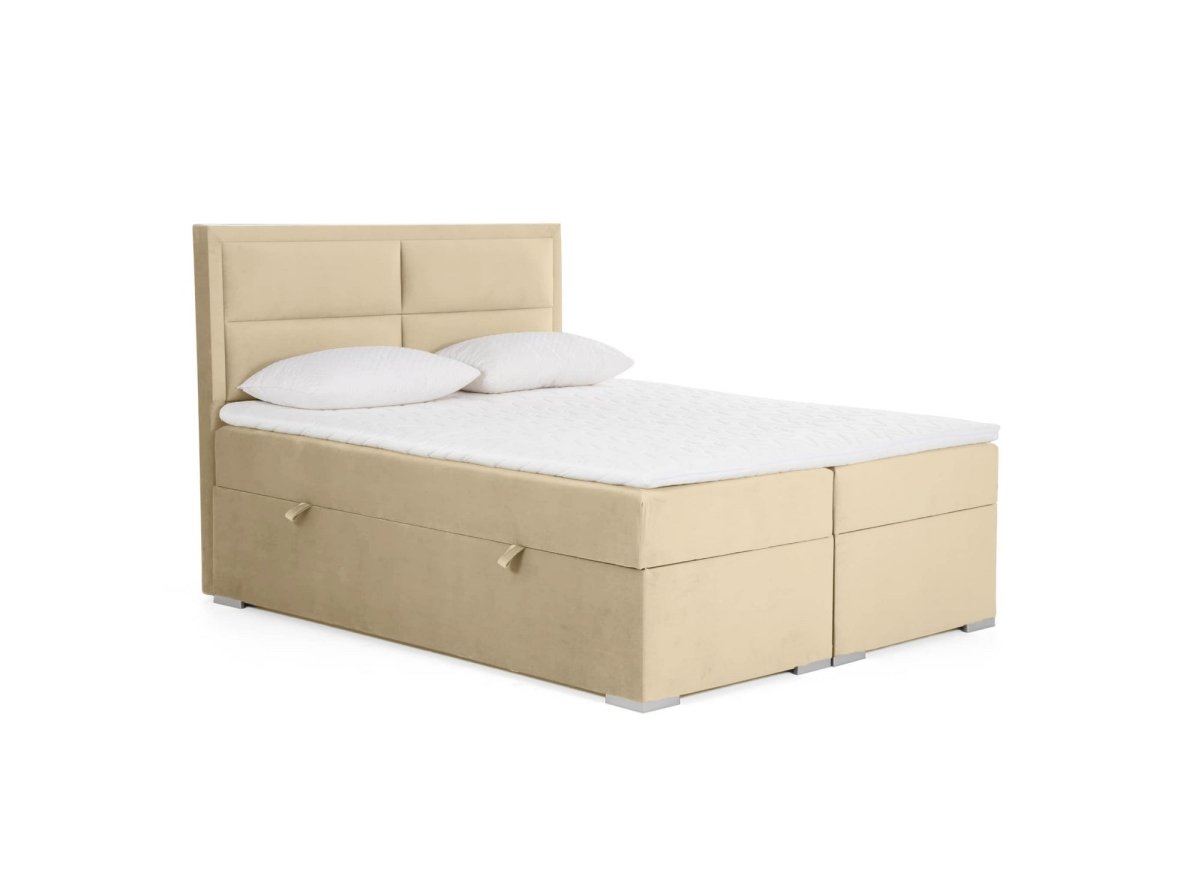 Lit boxspring 160x200 avec coffre de rangement en velours beige AMELIA - DécoInParis