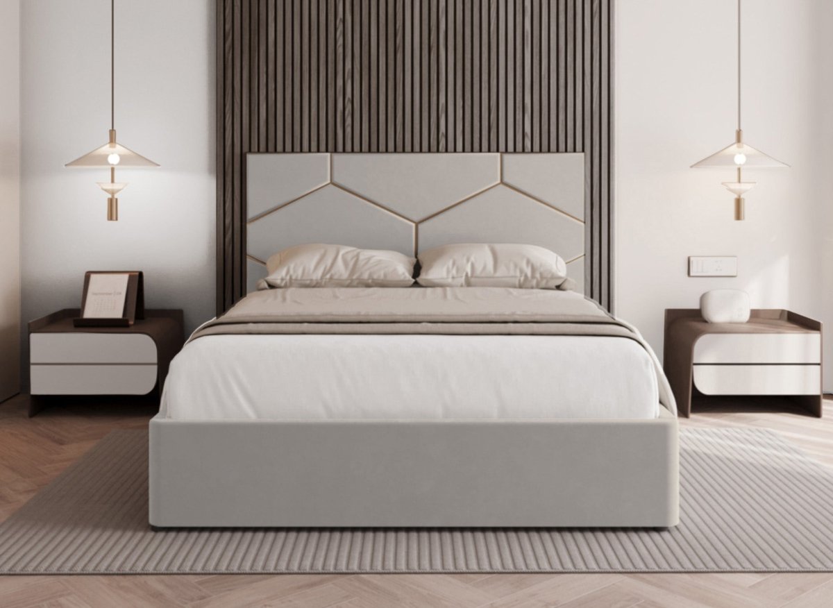 Lit coffre avec tête de lit design en velours taupe LARA 180 x 200 cm - DécoInParis