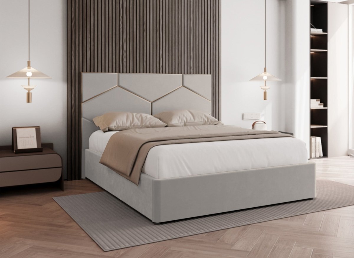 Lit coffre avec tête de lit design en velours taupe LARA 180 x 200 cm - DécoInParis