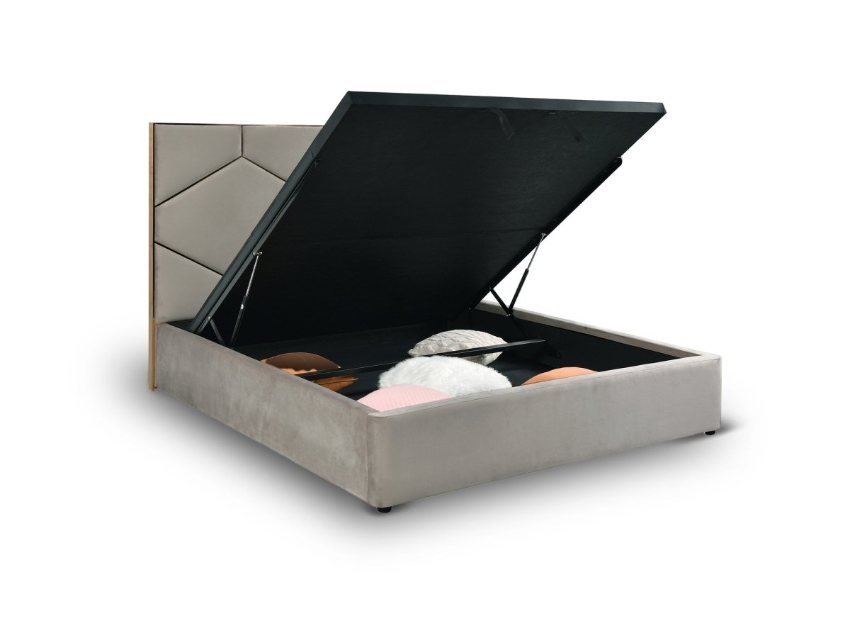 Lit coffre avec tête de lit design en velours taupe LARA 180 x 200 cm - DécoInParis