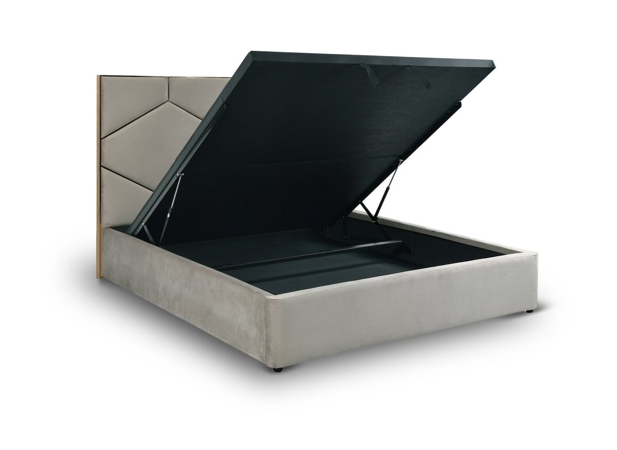 Lit coffre avec tête de lit design en velours taupe LARA 180 x 200 cm - DécoInParis
