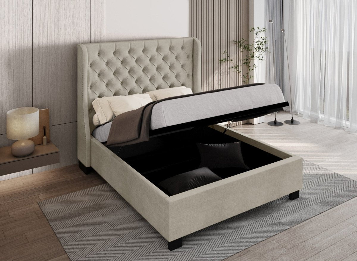 Lit coffre capitonné en tissu lin beige FLORINE 160 x 200 cm - DécoInParis