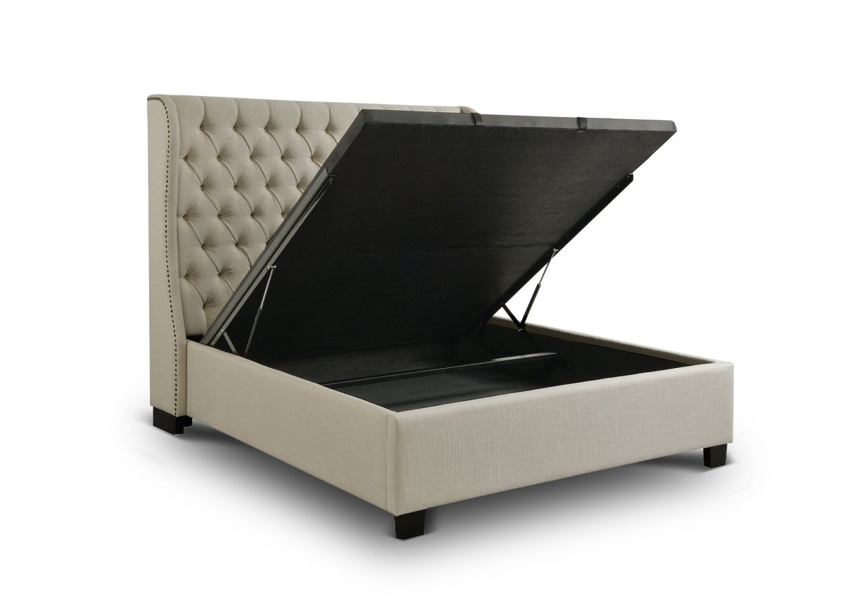 Lit coffre capitonné en tissu lin beige FLORINE 180 x 200 cm - DécoInParis