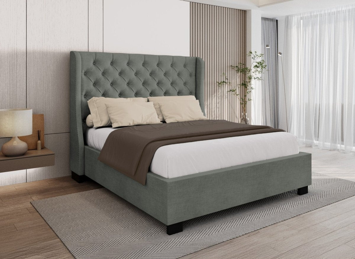 Lit coffre capitonné en tissu lin gris FLORINE 180 x 200 cm - DécoInParis