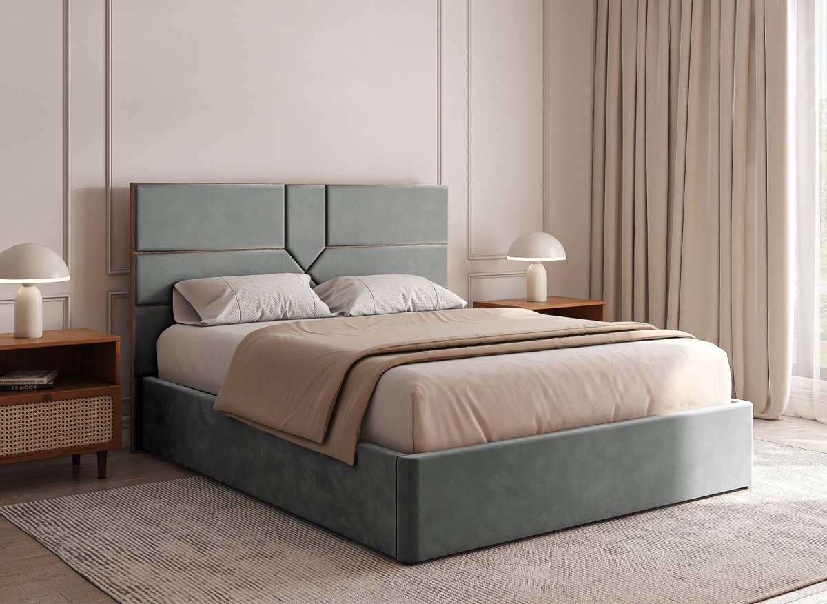 Lit coffre design en velours gris DAVINA 180 x 200 cm - DécoInParis