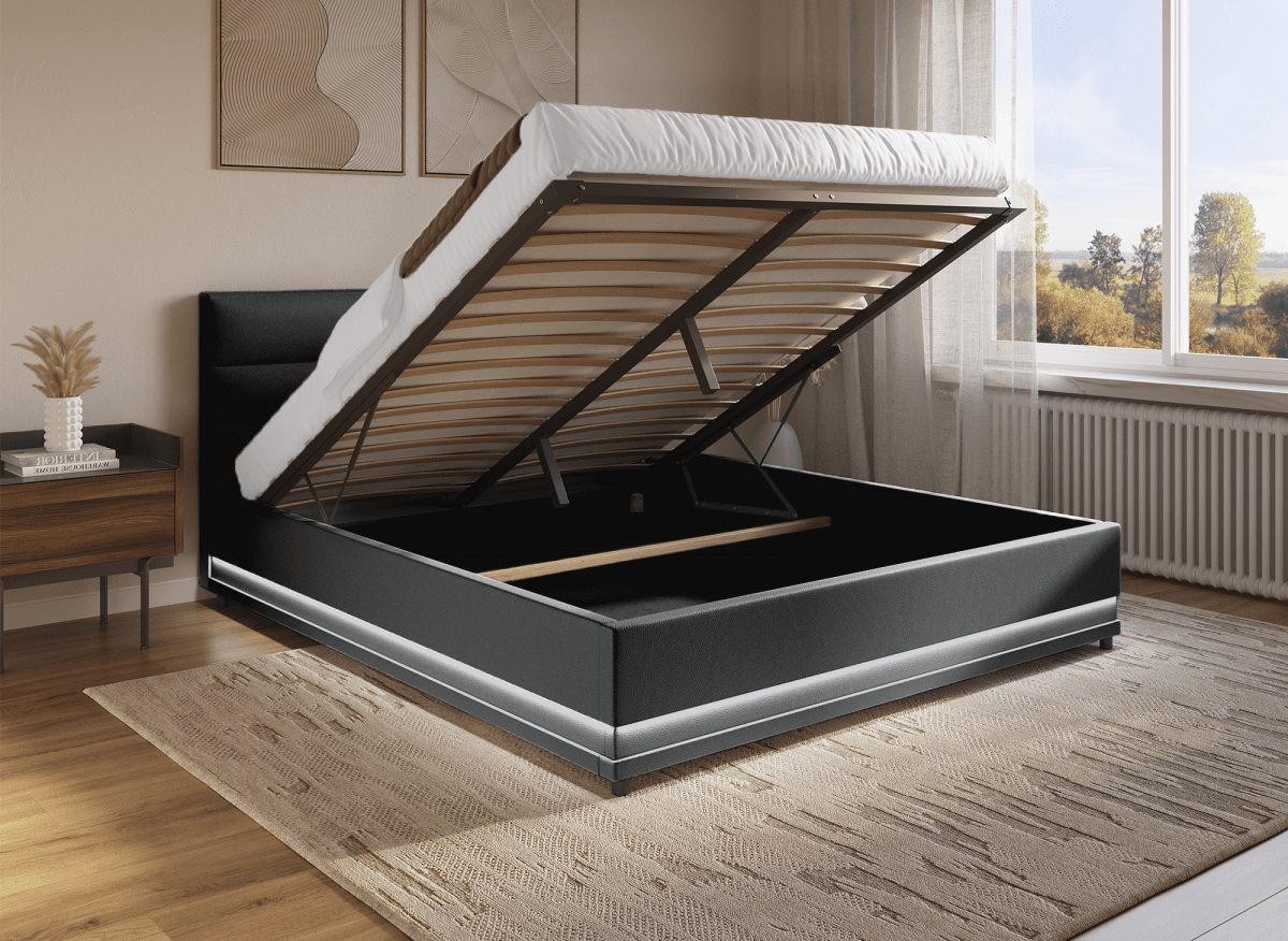 Lit coffre en simili cuir noir 180x200 cm ELENCE - DécoInParis