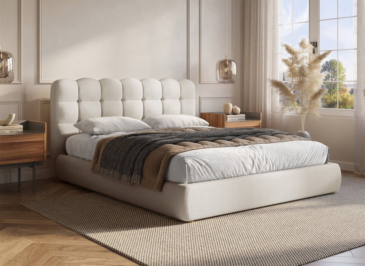 Lit coffre en tissu bouclette beige 160x200 cm BISCUIT - DécoInParis