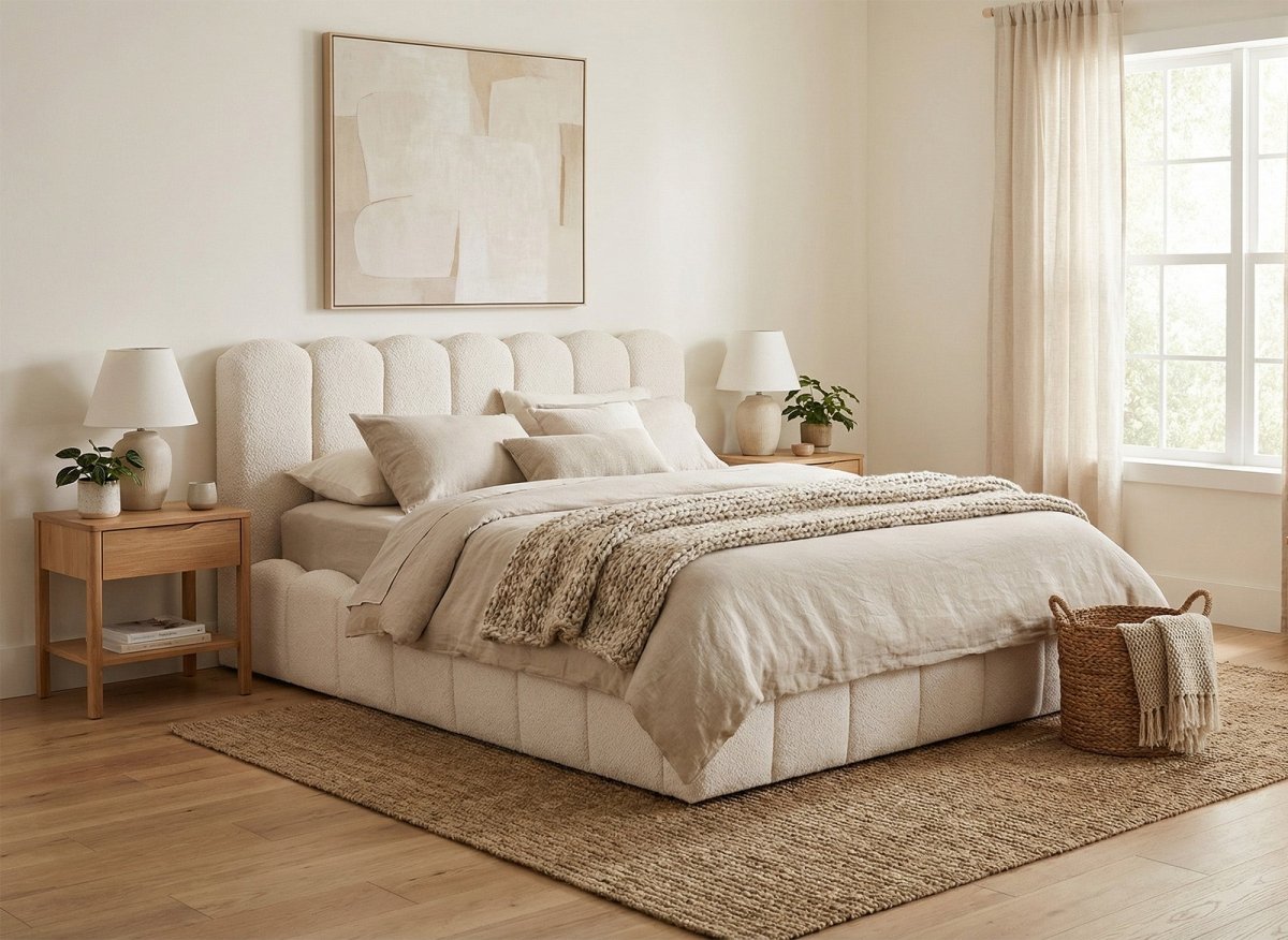 Lit coffre en tissu bouclette beige 180x200 cm RITA - DécoInParis