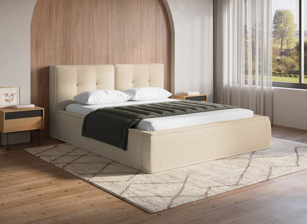 Lit coffre en tissu bouclette beige 180x200cm YUNA - DécoInParis