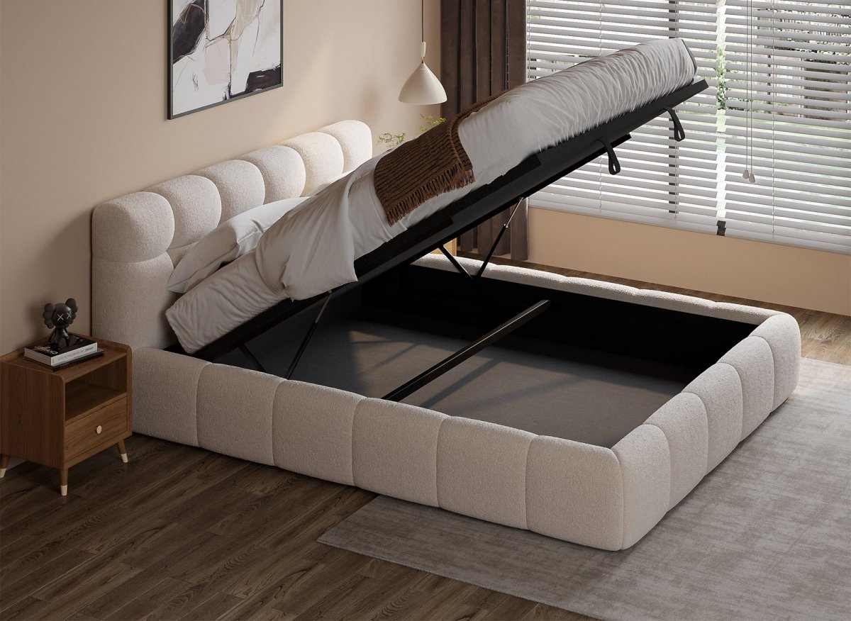 Lit coffre en tissu bouclette écru 140x190 cm GEORGINA - DécoInParis