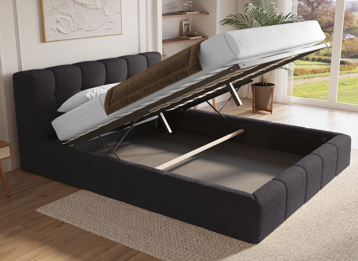 Lit coffre en tissu bouclette gris 180x200 cm MILIE - DécoInParis