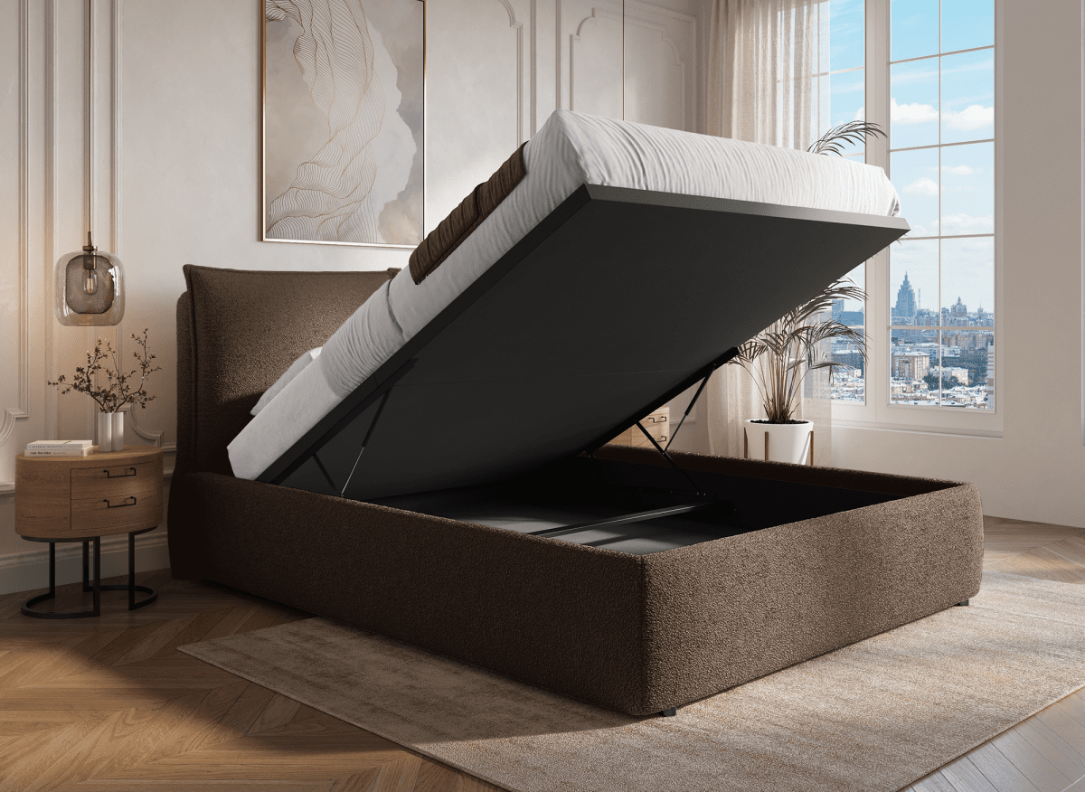 Lit coffre en tissu bouclette marron 180x200 cm MELY - DécoInParis