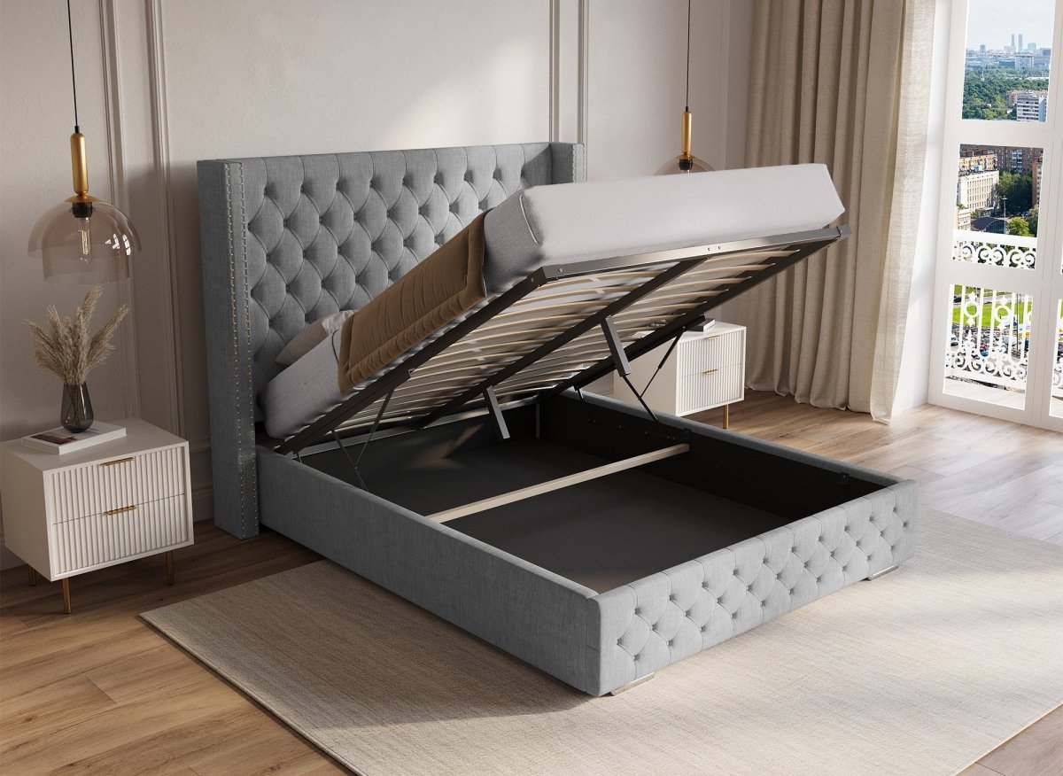 Lit coffre en tissu lin gris 140X190 cm MAXI - DécoInParis