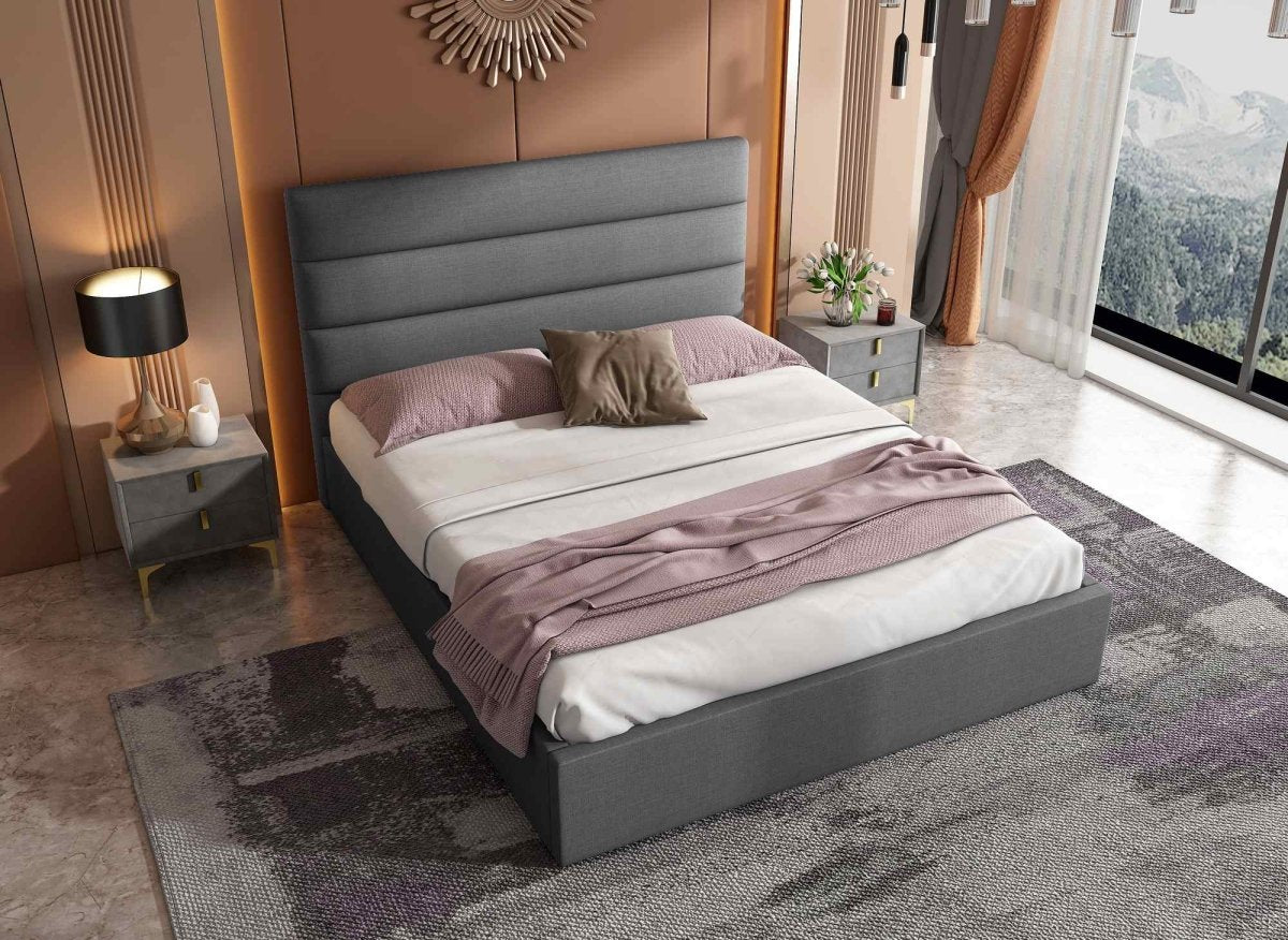 Lit coffre en tissu lin gris 160 x 200 cm SHANNA - DécoInParis