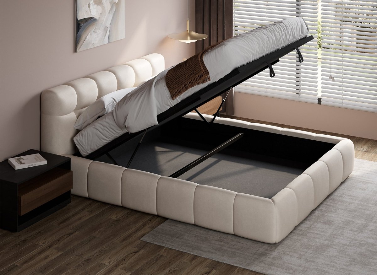 Lit coffre en velours beige 160x200 cm GEORGINA - DécoInParis