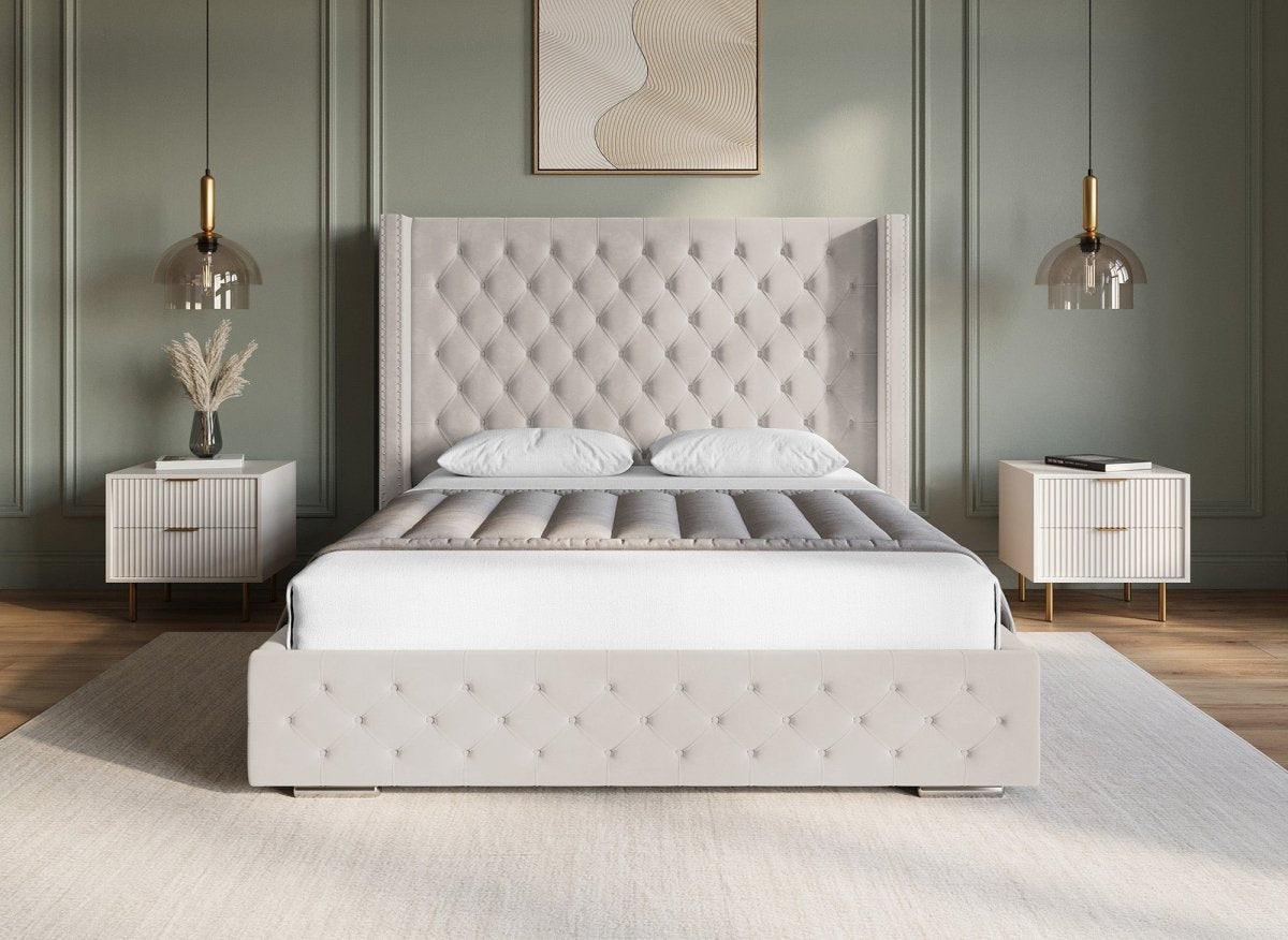 Lit coffre en velours beige 180x200 cm MAXI - DécoInParis