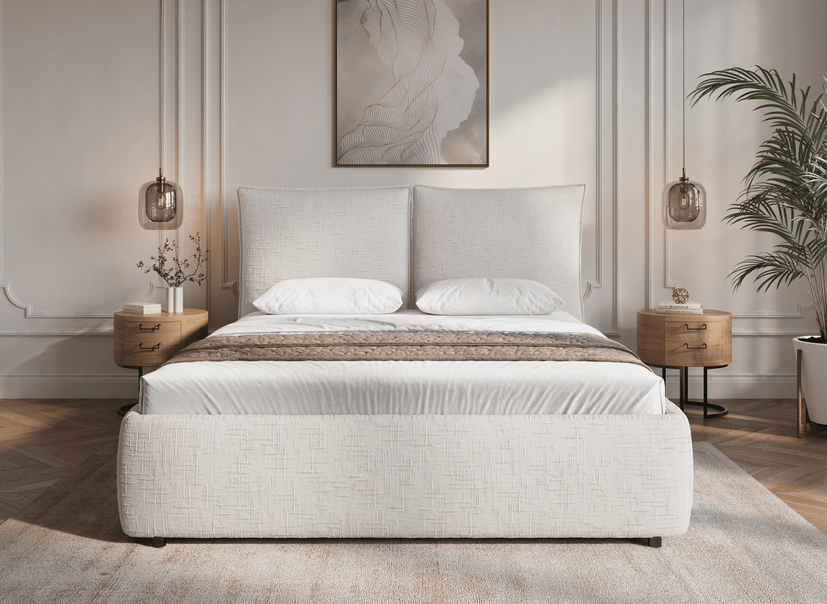 Lit coffre en velours chiné beige 140x190 cm MELY - DécoInParis