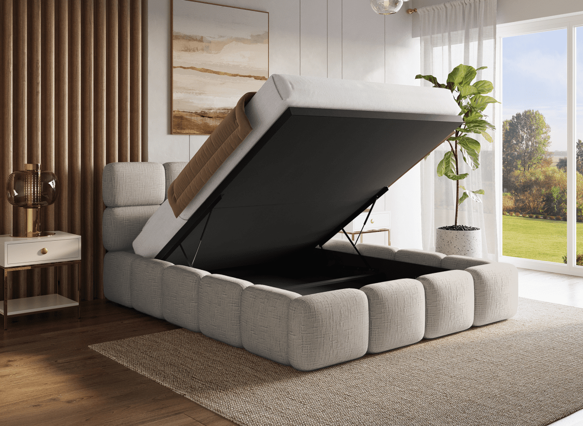 Lit coffre en velours chiné taupe 140x190 cm BUBBLE - DécoInParis