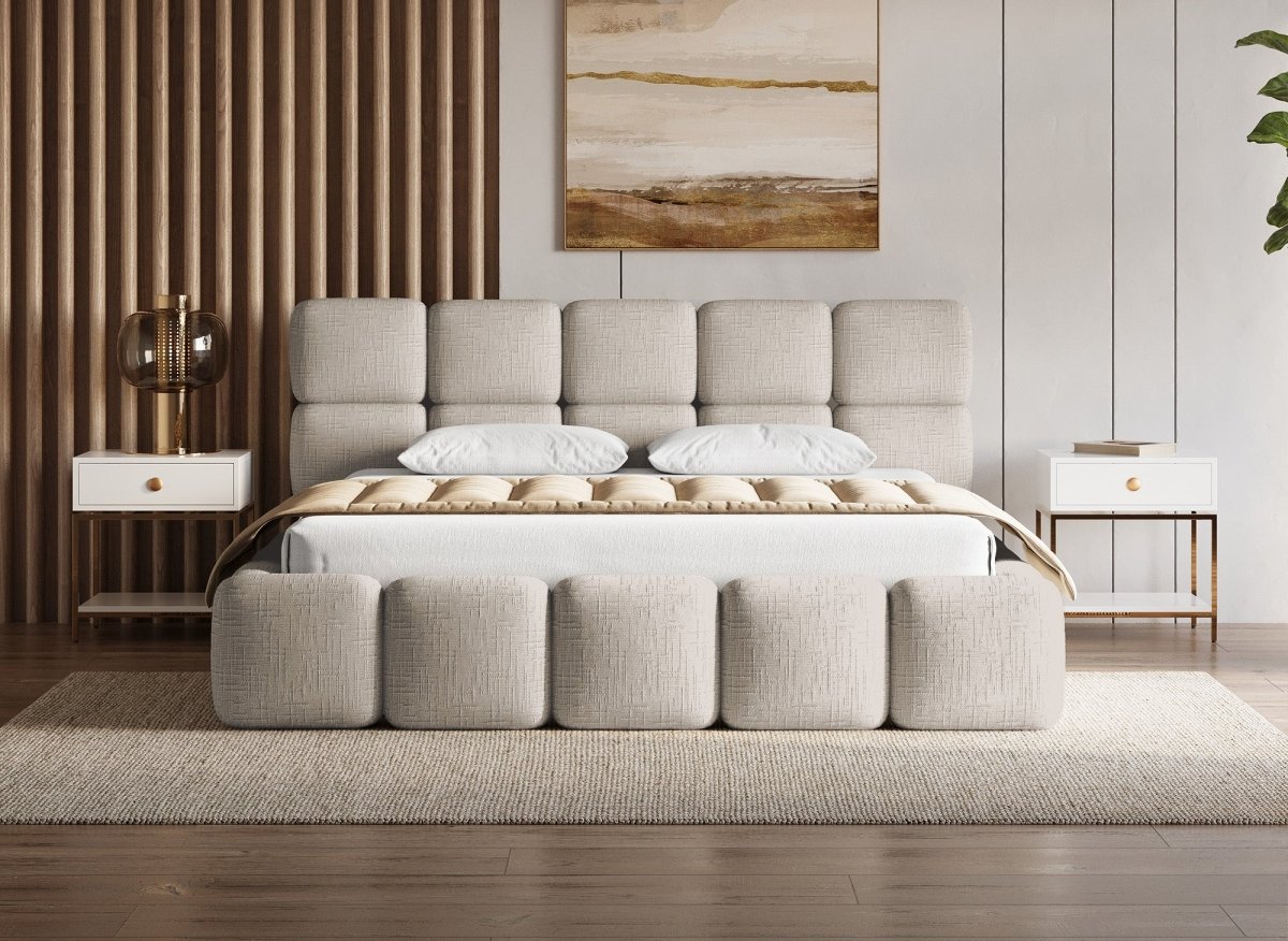 Lit coffre en velours chiné taupe 180x200 cm BUBBLE - DécoInParis