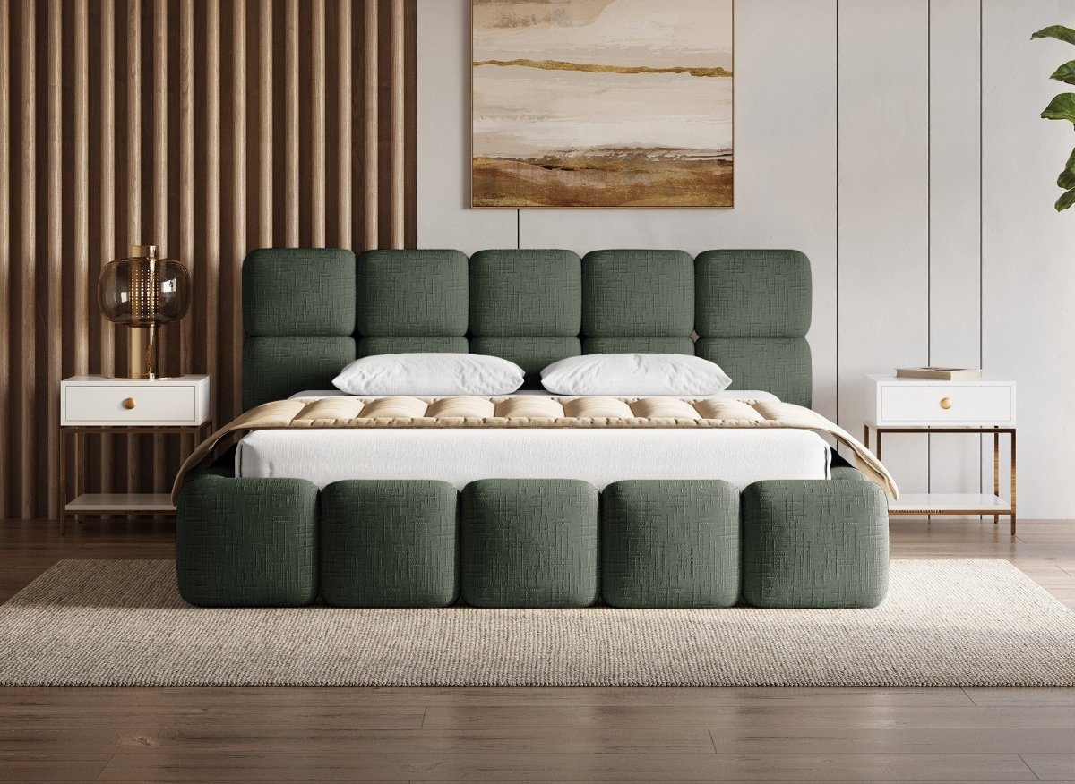 Lit coffre en velours chiné vert olive 180x200 cm BUBBLE - DécoInParis