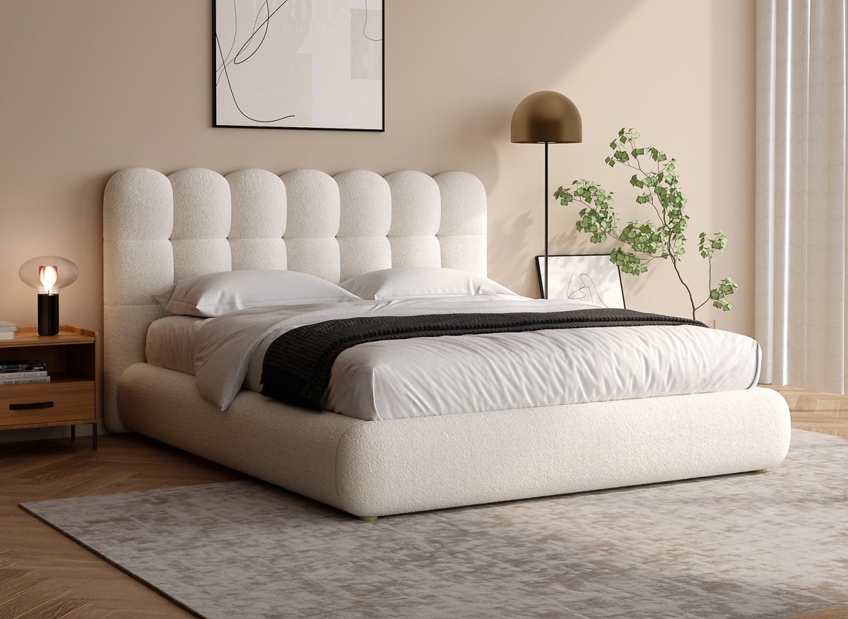 Lit double en tissu bouclette beige 160x200cm BISCUIT - DécoInParis