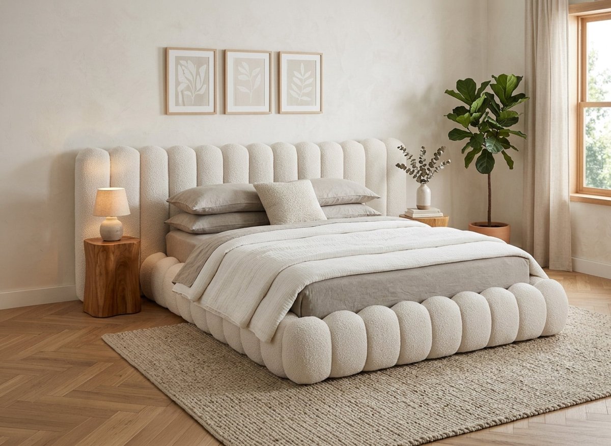 Lit double en tissu bouclette beige 180x200 cm GRETA - DécoInParis